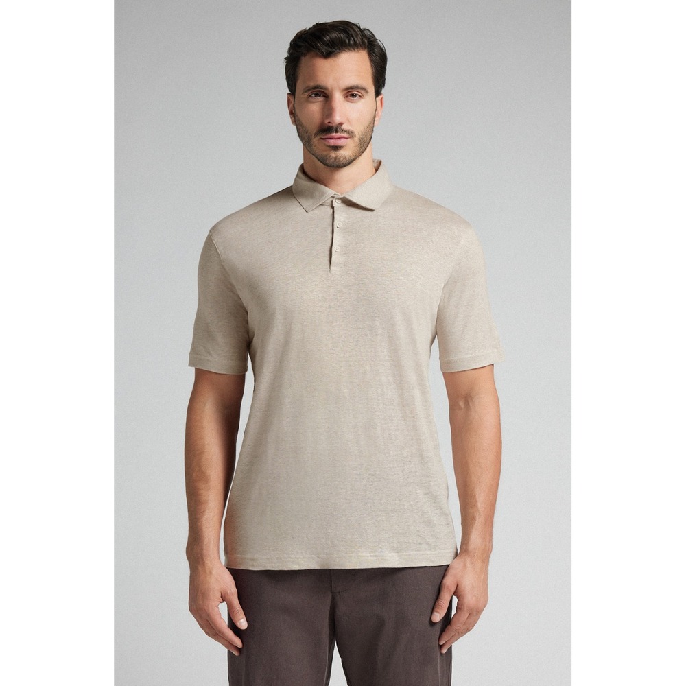 Intimissimi Uomo Mens 100% Linen Short Sleeve Polo Shirt Beige Medium